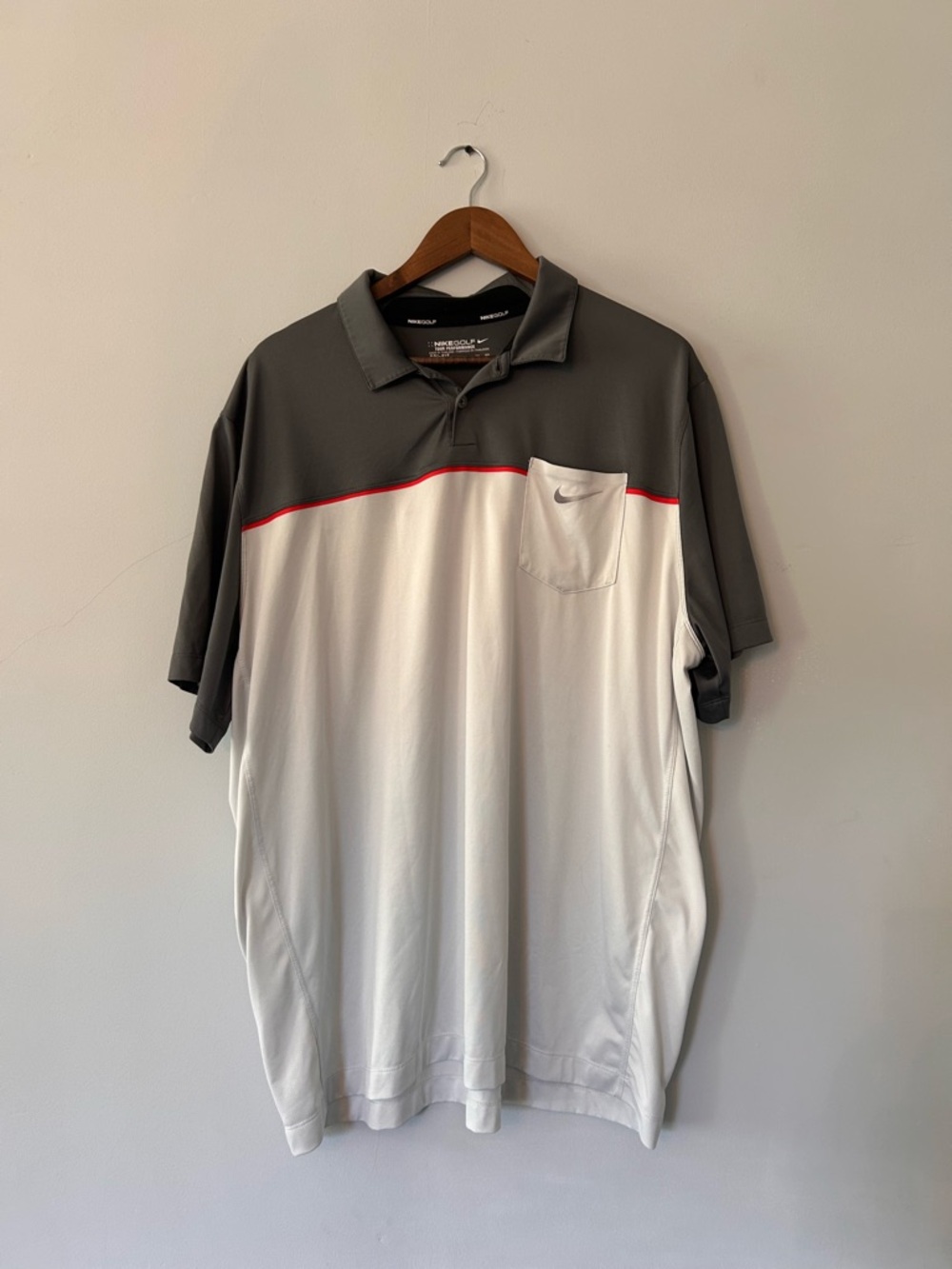 NIKE GOLF POLO SHIRT TOUR PERFORMANCE GREY/WHITE DRIFIT MESH front pocket EC XXL